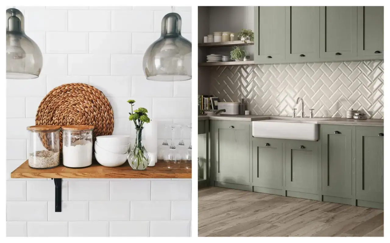 Cuisines modernes avec pose carrelage m&eacute;tro blanc et vert sauge. &Eacute;clairage doux, vaisselle et &eacute;l&eacute;ments d&eacute;coratifs.