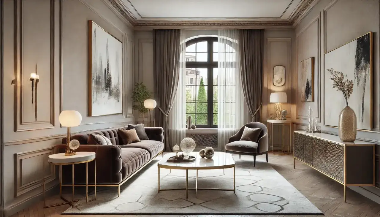 Soggiorno elegante con un perfetto mischiare arredamento classico e moderno. Divano capitonn&eacute;, quadri astratti e lampade di design.