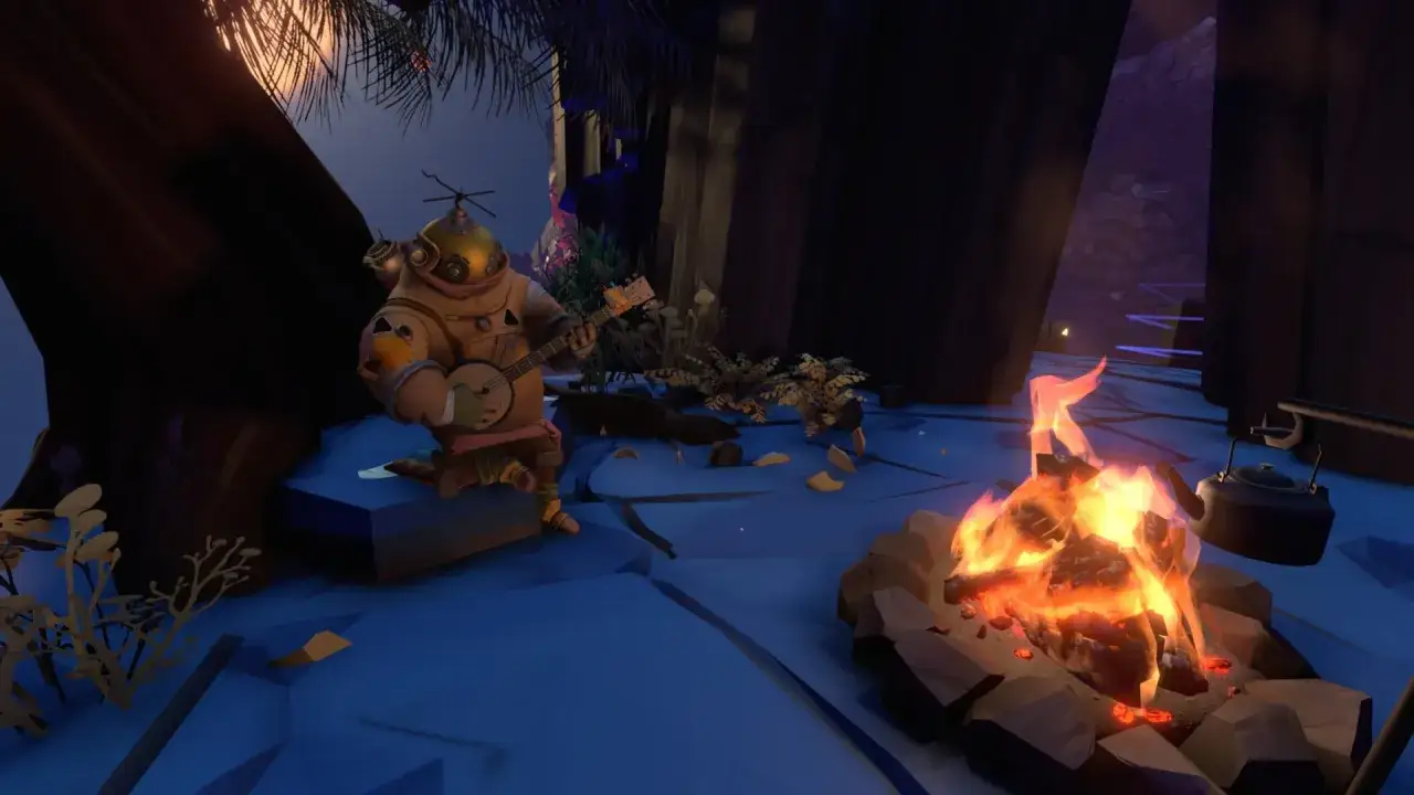 Un explorador con traje de buzo toca el banjo junto a una fogata. La **outer wilds duracion** es un misterio que este personaje intenta resolver.
