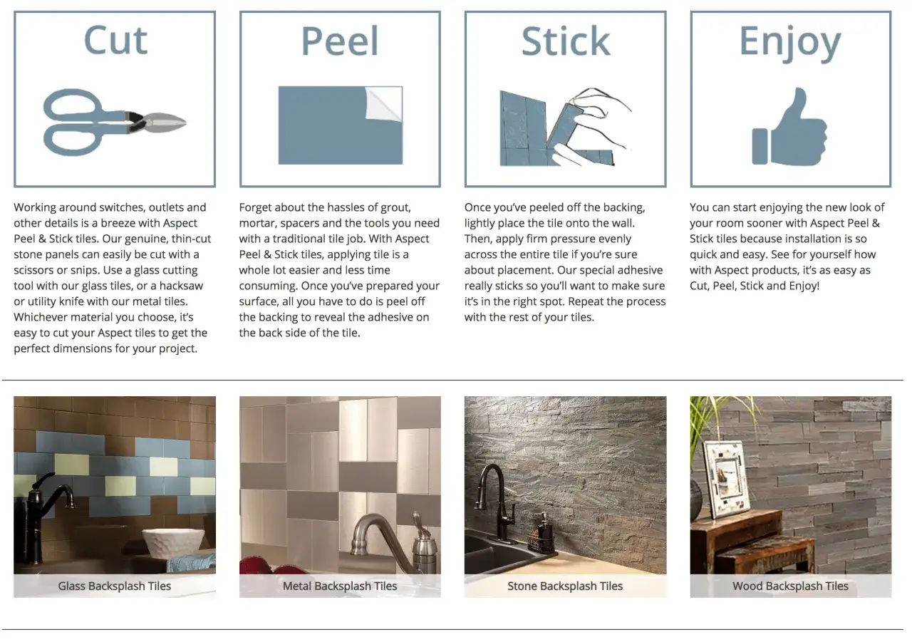 Cut, Peel, Stick, Enjoy! Aspect Peel & Stick tiles are easy to cut, peel, and stick for a quick DIY backsplash.
