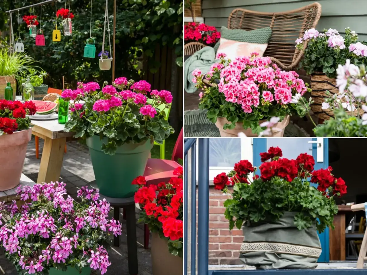 Kolorowe pelargonie Calliope w donicach zdobią taras i ogród. Różowe, czerwone i fioletowe kwiaty tworzą radosną kompozycję.
