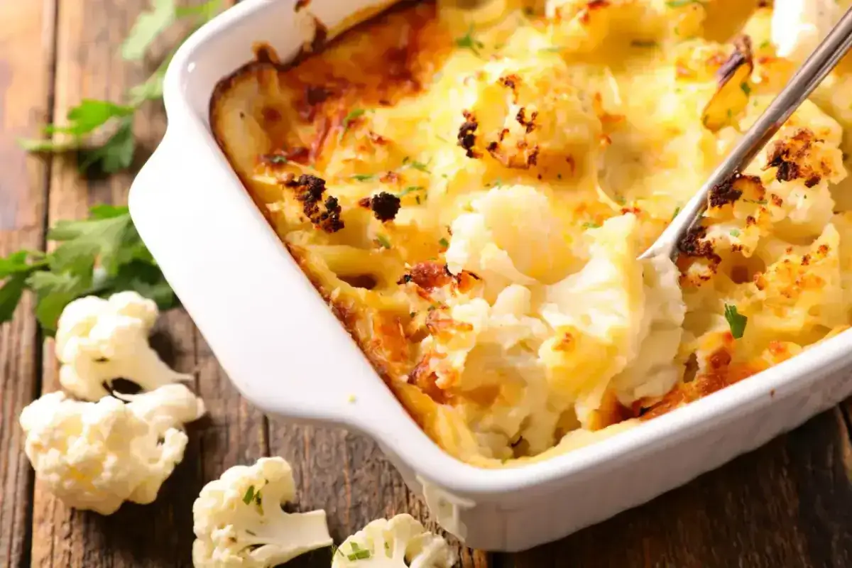 Un gratin de chou-fleur doré et crémeux, prêt à être dégusté. Des morceaux de chou-fleur frais sont disposés sur le côté.