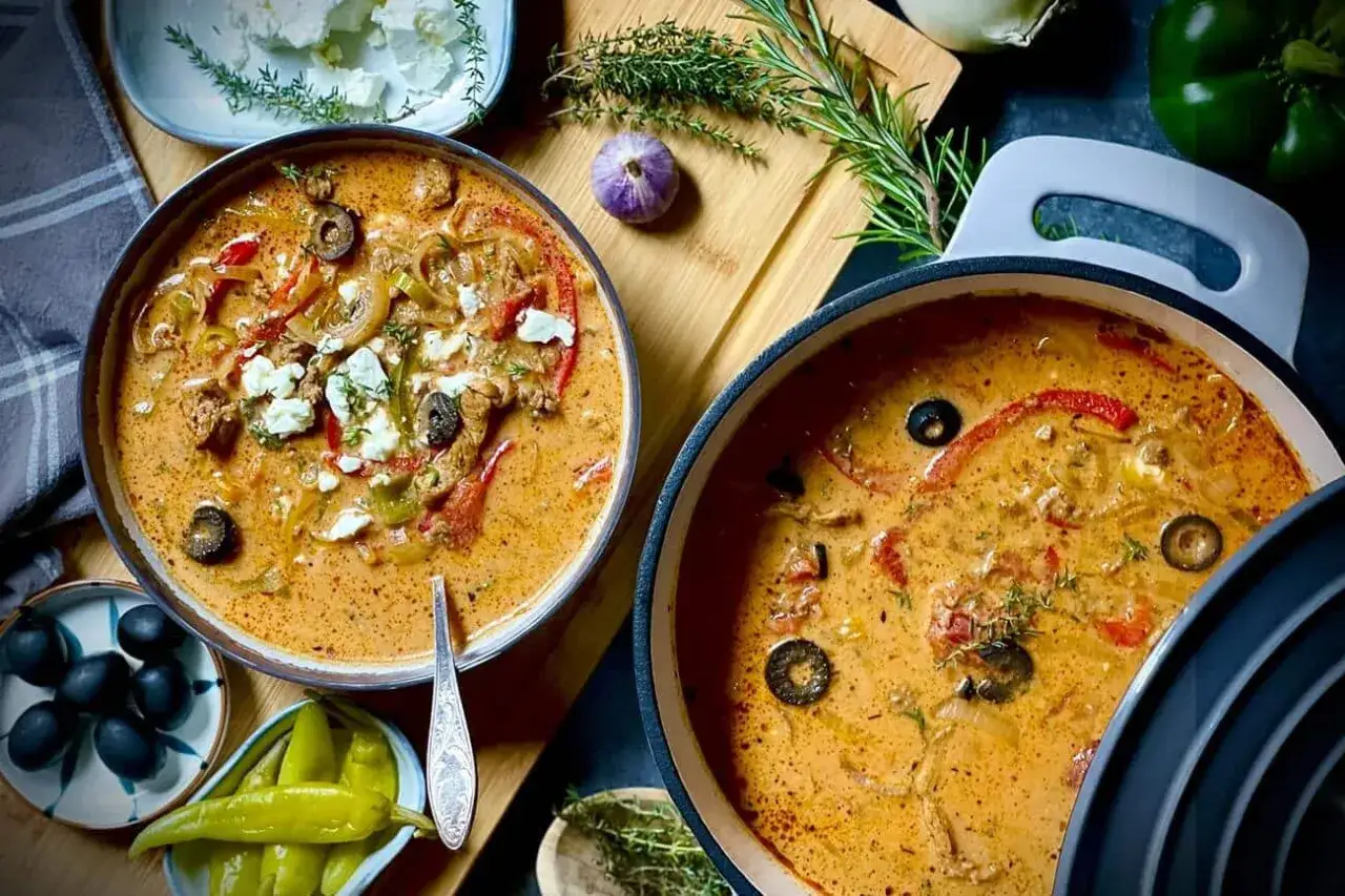 Zwei Töpfe mit cremiger Gyrossuppe, garniert mit Feta, Oliven und Paprika. Ein köstliches Gyrossuppe Rezept für Genießer.