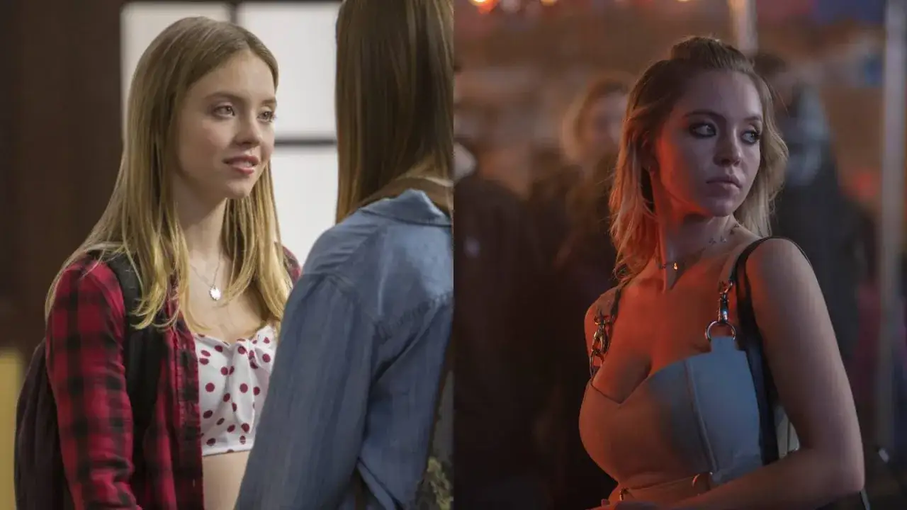 Sydney Sweeney in zwei Szenen aus Serien. Links im karierten Hemd, rechts in einem blauen Kleid.