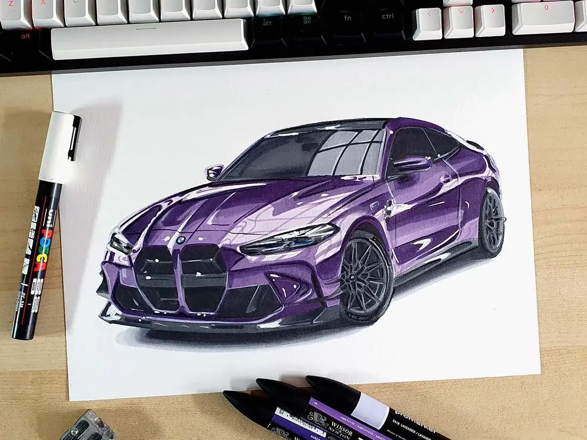Fioletowe BMW M4, jak narysować auto BMW krok po kroku. Detale i cienie oddane markerami.
