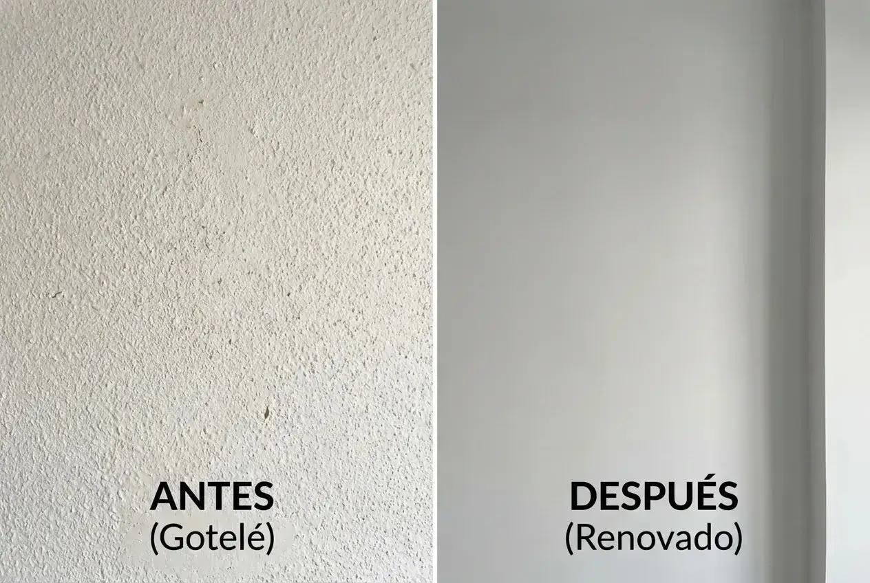 Antes y despu&eacute;s de alisar paredes de gotele. La pared de la izquierda tiene textura rugosa, la de la derecha est&aacute; lisa y renovada.