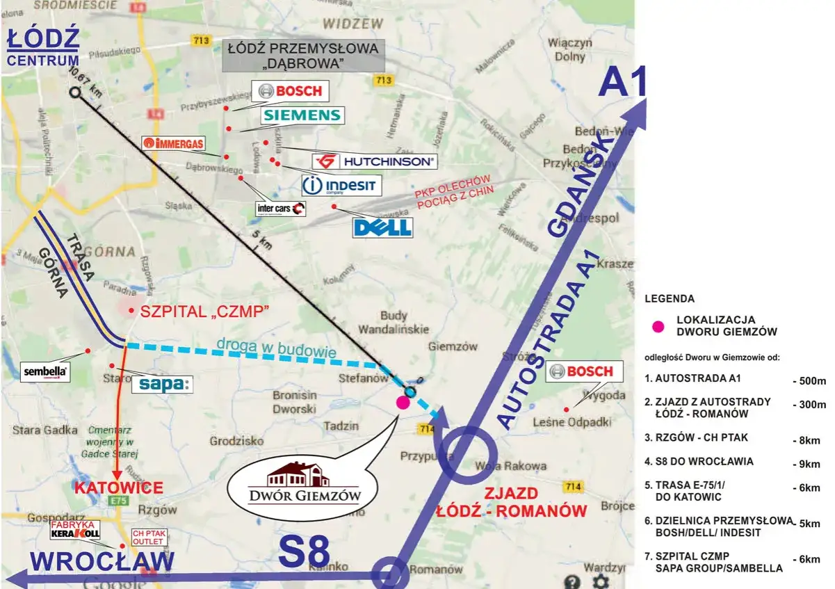 Mapa pokazuje drogę do Dworu Giemzów, idealnego miejsca na nocleg tranzytowy. Bliskość autostrady A1 i zjazdu Łódź-Romanów ułatwia podróż.