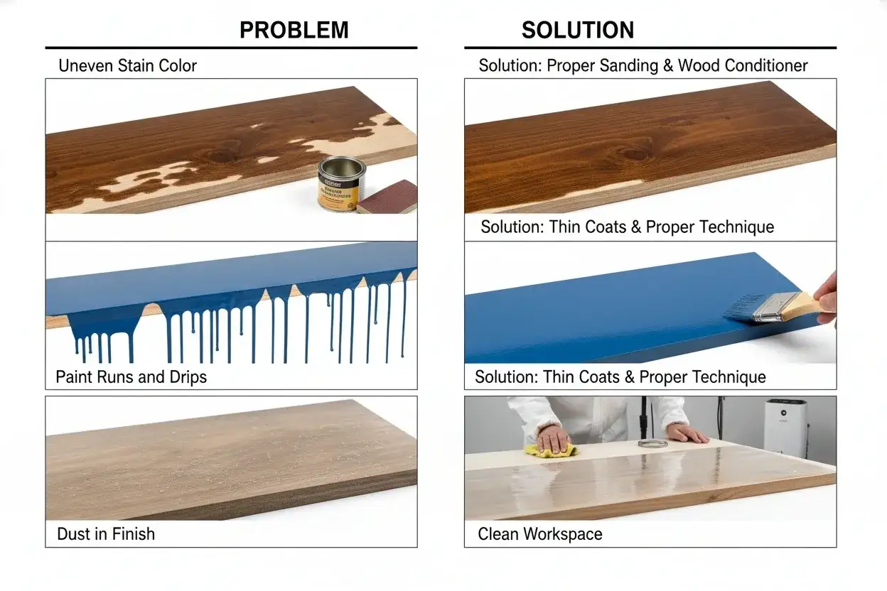 Comparaison de problèmes et solutions pour la peinture sur contreplaqué : taches inégales, coulures, poussière. Solutions : ponçage, conditionneur, couches fines, espace propre.