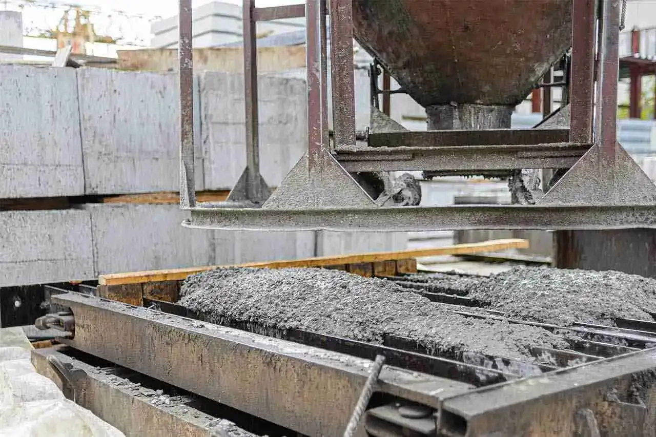 Il calcestruzzo fresco viene versato in uno stampo, mostrando come si fa il calcestruzzo per creare blocchi.