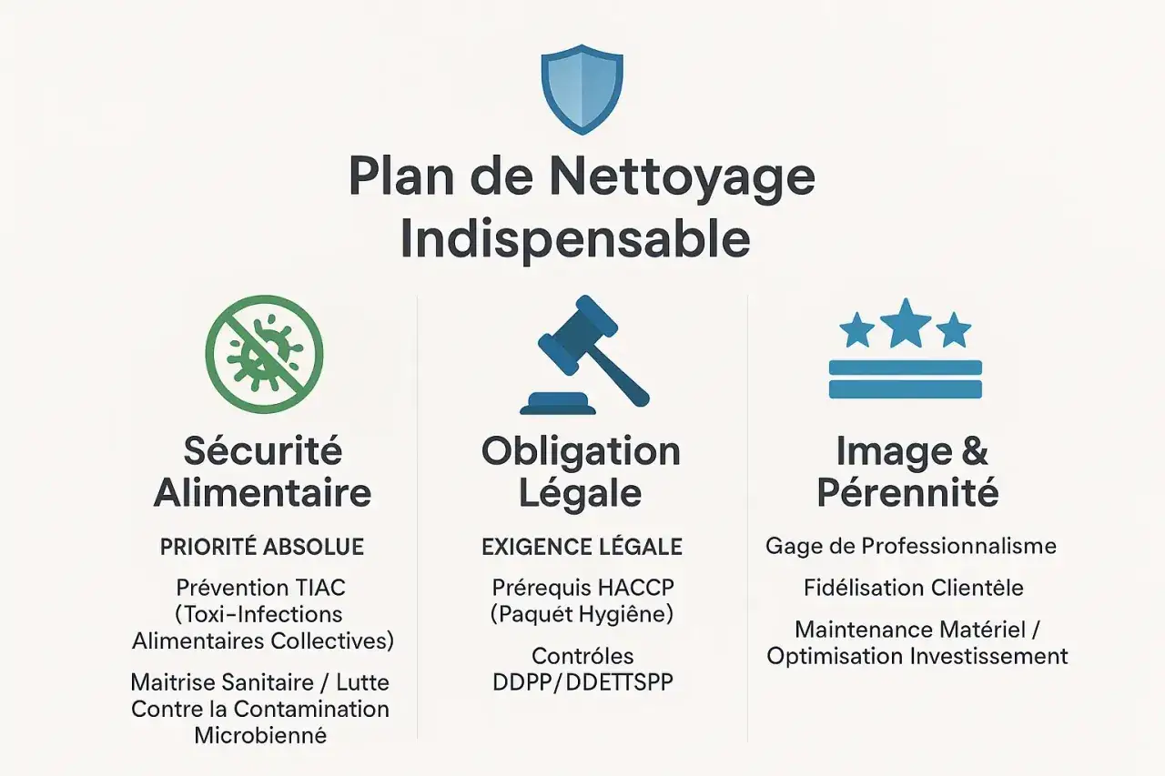 Plan de nettoyage indispensable : sécurité alimentaire, obligation légale et image. La réglementation d'un atelier cuisine est cruciale.