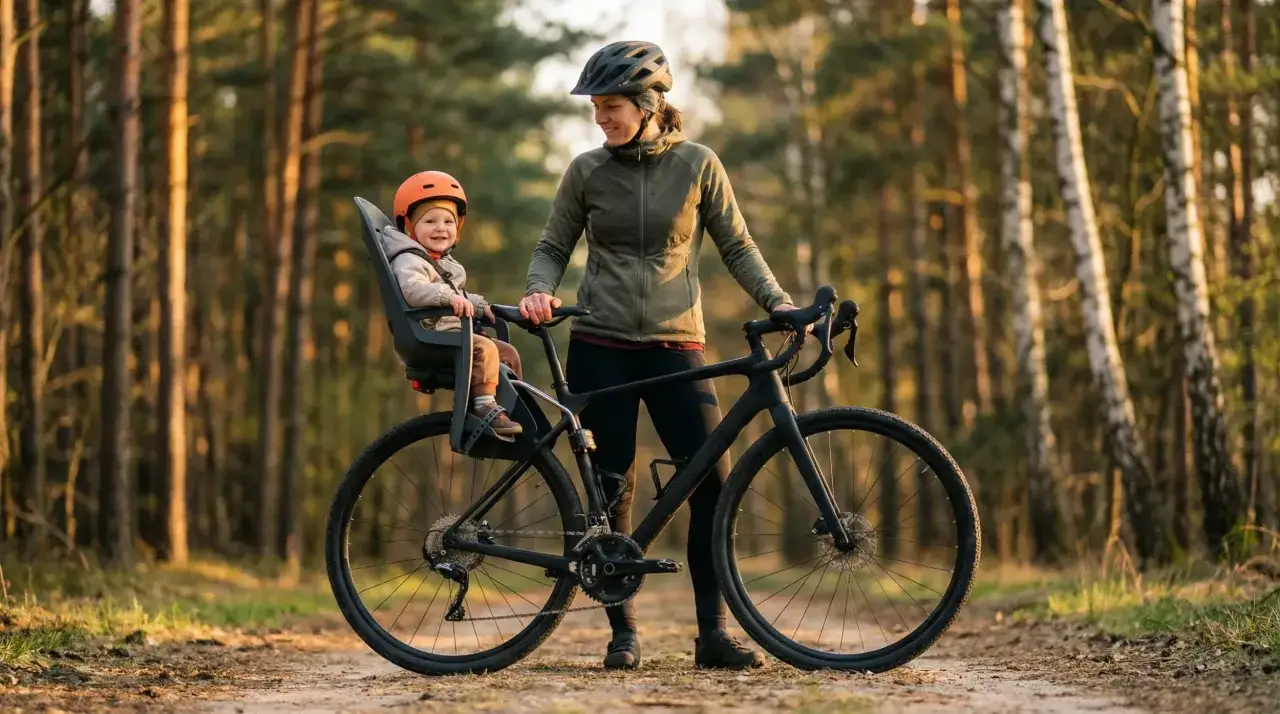Szczęśliwe dziecko w foteliku rowerowym, z mamą obok roweru w lesie. Idealny wybór dla rodziców, którzy szukają najlepszego fotelik rowerowy ranking.