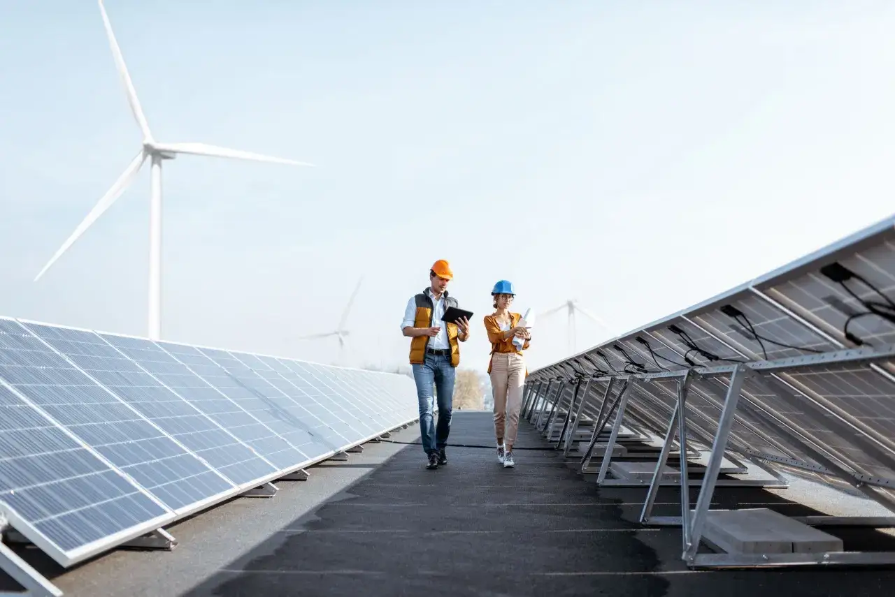 Inżynierowie na farmie wiatrowej i słonecznej omawiają dekarbonizację. To przyszłość energetyki!