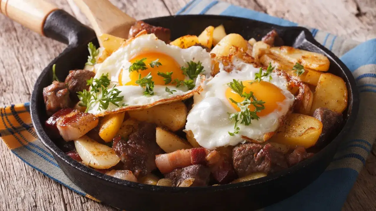 Herzhaftes Pfannengericht mit Bratkartoffeln, Speck, Fleischw&uuml;rfeln und Spiegeleiern. Perfekt, was zu Bratkartoffeln passt!