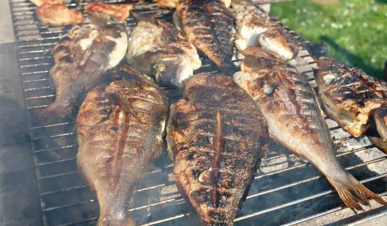 Kilka ryb na grilla, apetycznie przypieczonych, unosi się dym.
