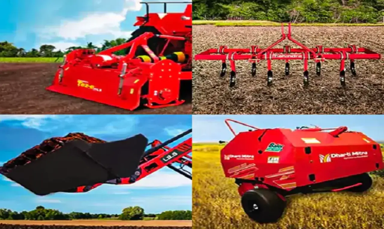 Collage of red tractor attachments: a rotary tiller, a cultivator, a front loader bucket, and a baler.