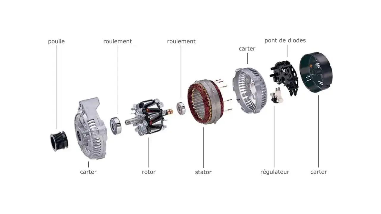 Détail des composants d'un alternateur : poulie, roulements, rotor, stator, régulateur et pont de diodes. Comprendre le alternateur fonctionnement.