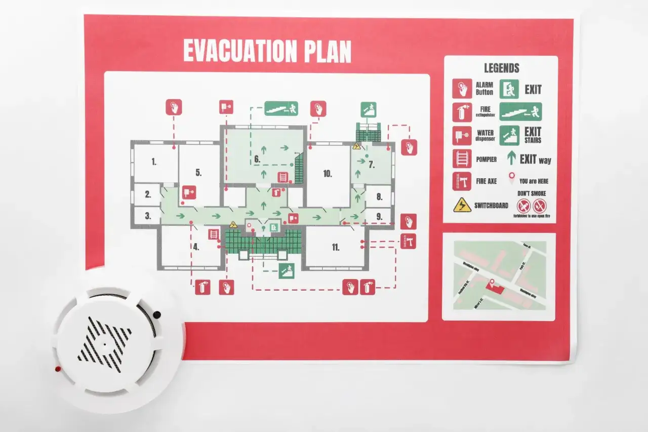 Un piano di evacuazione, un esempio di contingency plan, mostra le vie di fuga, estintori e pulsanti d'allarme.