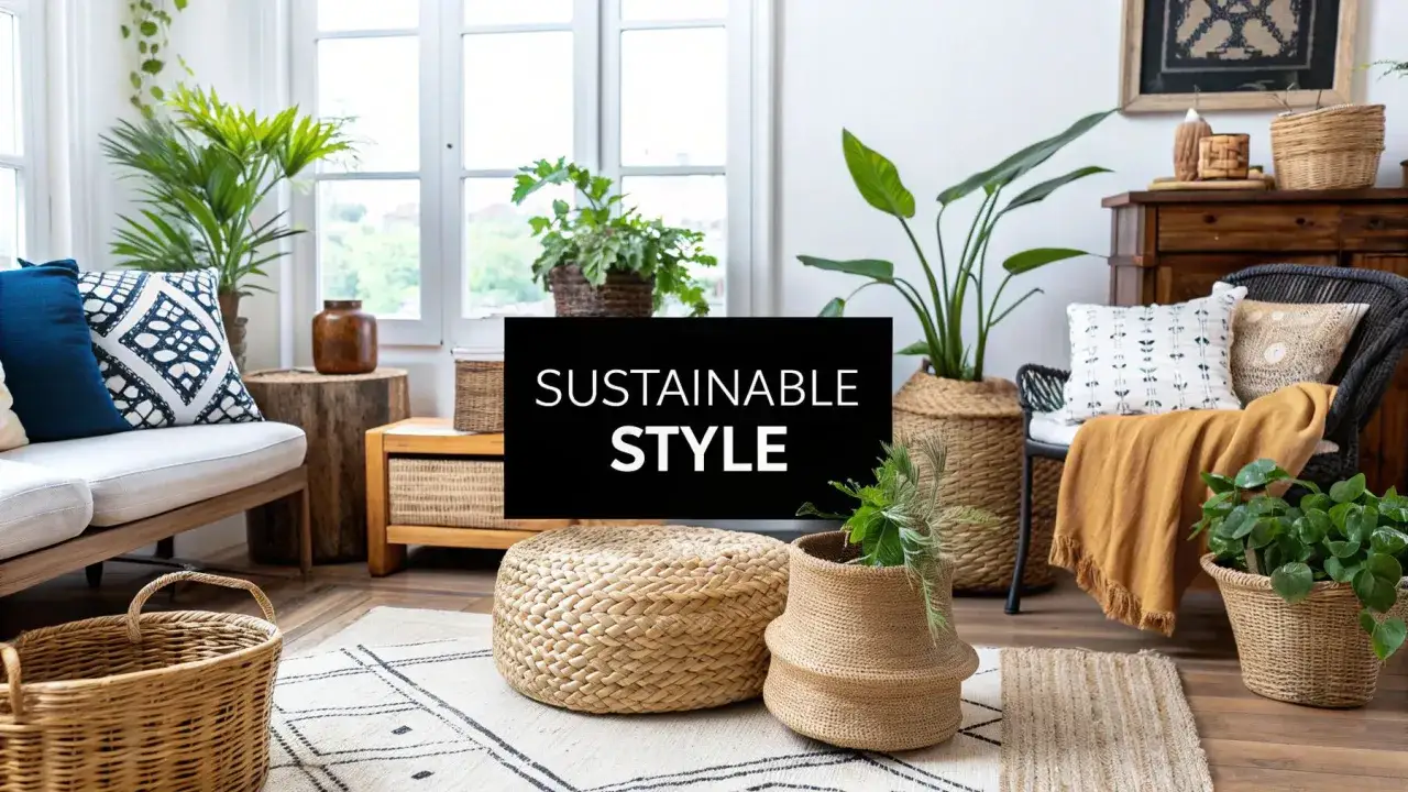 Gemütliches Wohnzimmer mit vielen Pflanzen und Körben aus synthetischer Baumwolle. Ein Sofa lädt zum Entspannen ein.