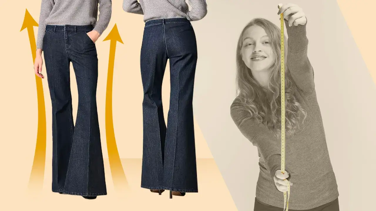 Modello di pantaloni a zampa d'elefante che slanciano la figura, con frecce che indicano l'effetto allungante. Una ragazza sorride tenendo un metro.