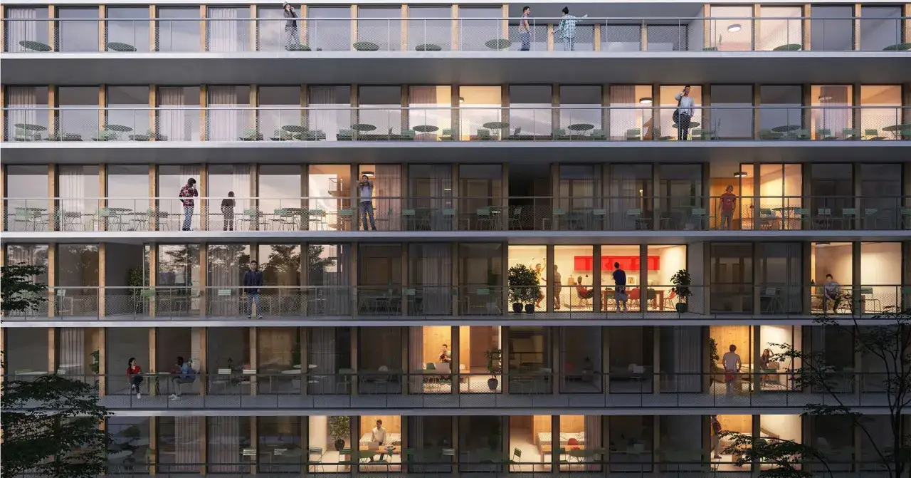 Immeuble moderne avec balcons, illustrant le logement étudiant à Genève et ses prix.