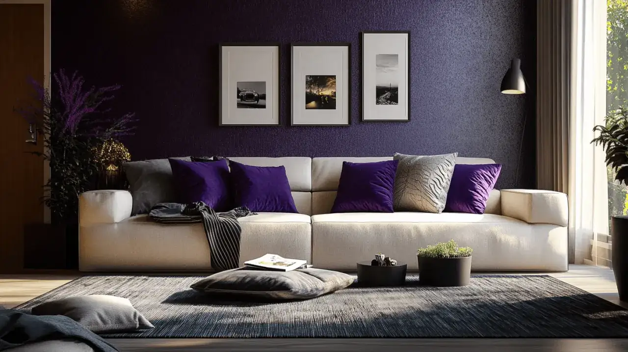 Gemütliches Wohnzimmer mit cremefarbener Couch, lila Kissen und einem Teppich. Die Wand ist in einem tiefen Lila gehalten, das mit den Akzenten harmoniert.