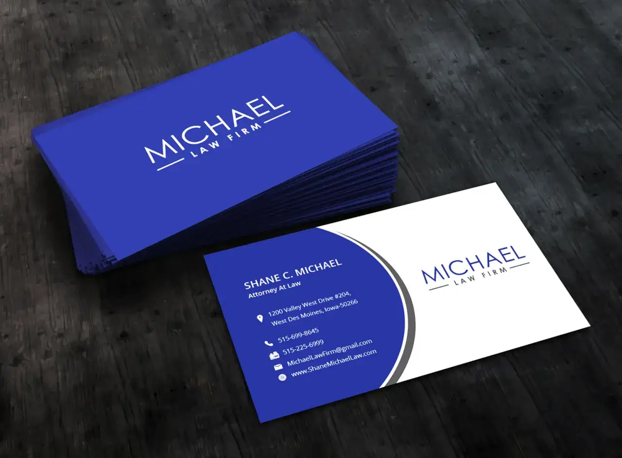 Professional business cards ideas for Michael Law Firm, featuring a clean blue and white design with contact details.