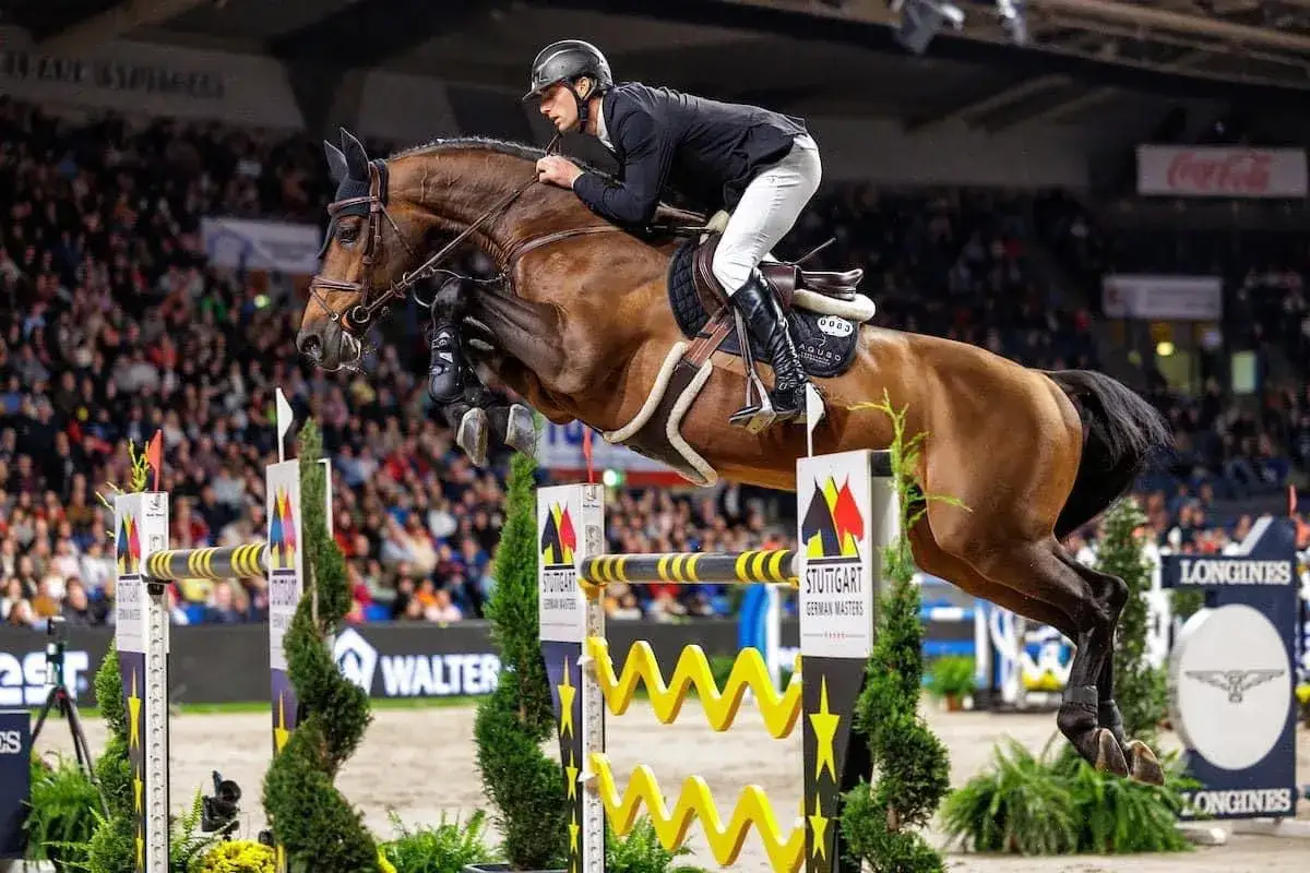 Cavalier et cheval en plein saut d'obstacles, un moment de **united touch** dans l'arène de Stuttgart.