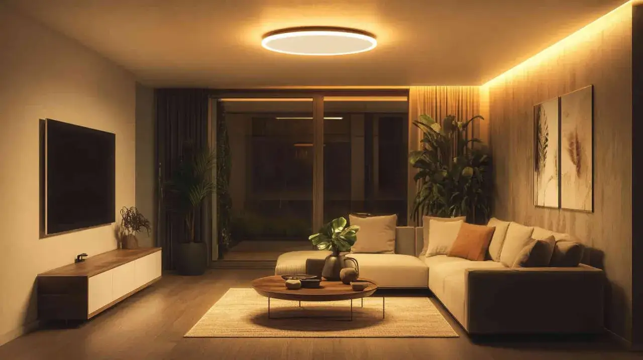 Salón moderno con sofá, mesa de centro y TV. La iluminación ambiental crea un ambiente acogedor, perfecto para un foco lectura.