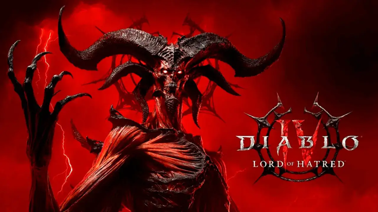 Diablo 4 premiera: przerażający demon z rogami i płonącymi oczami, otoczony czerwonymi błyskawicami. Logo gry