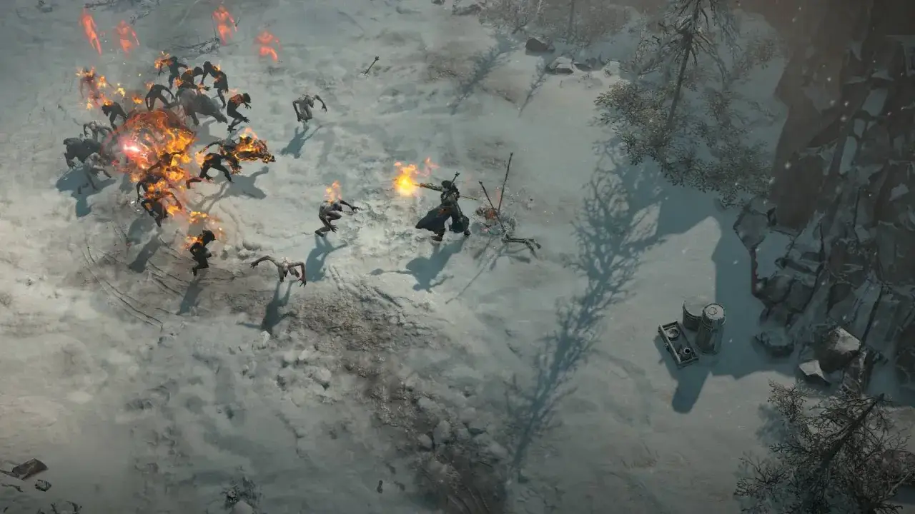 Postacie walczą z hordą potworów w śnieżnej scenerii. To intensywny moment z **Diablo 4 endgame**.