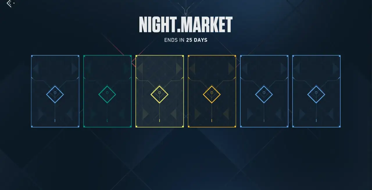 Nocny rynek Valorant: sześć zakrytych kart z symbolami, jedna z nich ma żółtą ramkę.