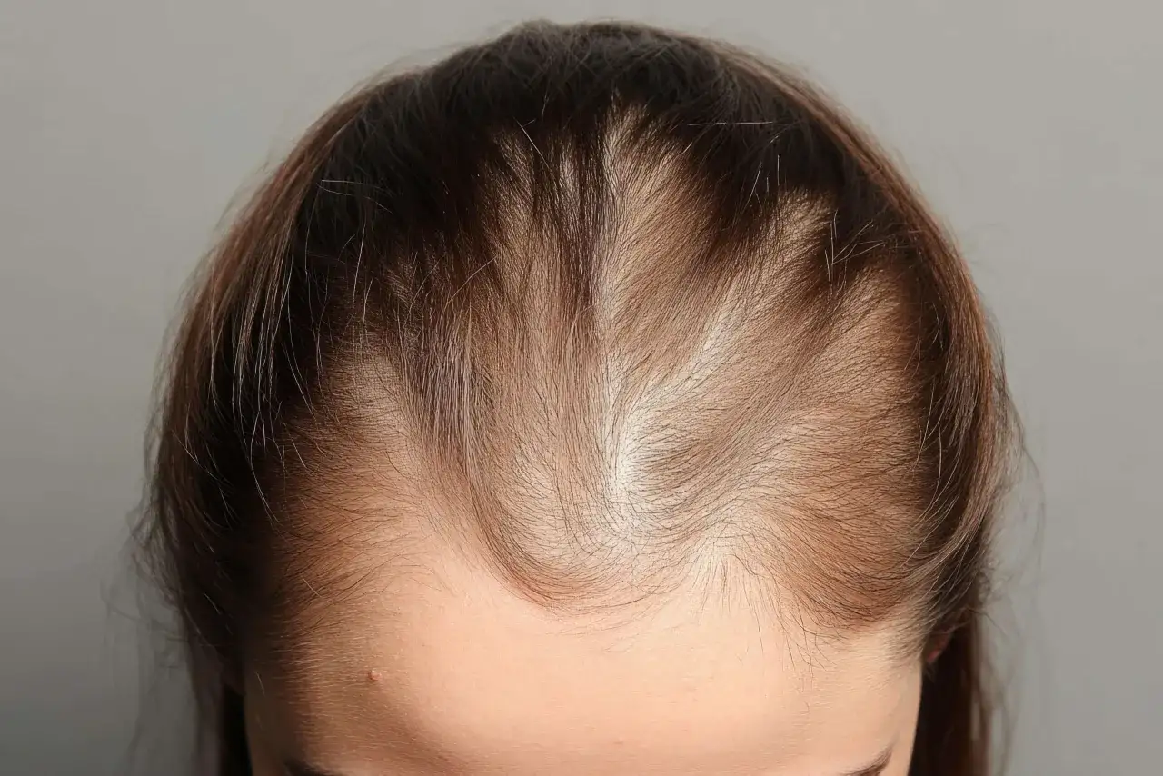 Chevelure clairsem&eacute;e sur le dessus de la t&ecirc;te, montrant le cuir chevelu. Espoir de faire repousser les cheveux.