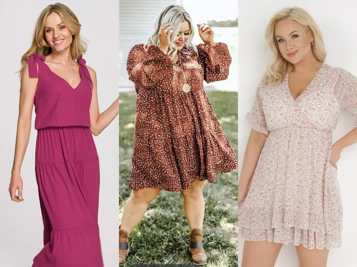 Trzy kobiety w pięknych sukienkach. Modne sukienki plus size: fuksjowa maxi, brązowa w groszki i kwiecista mini.