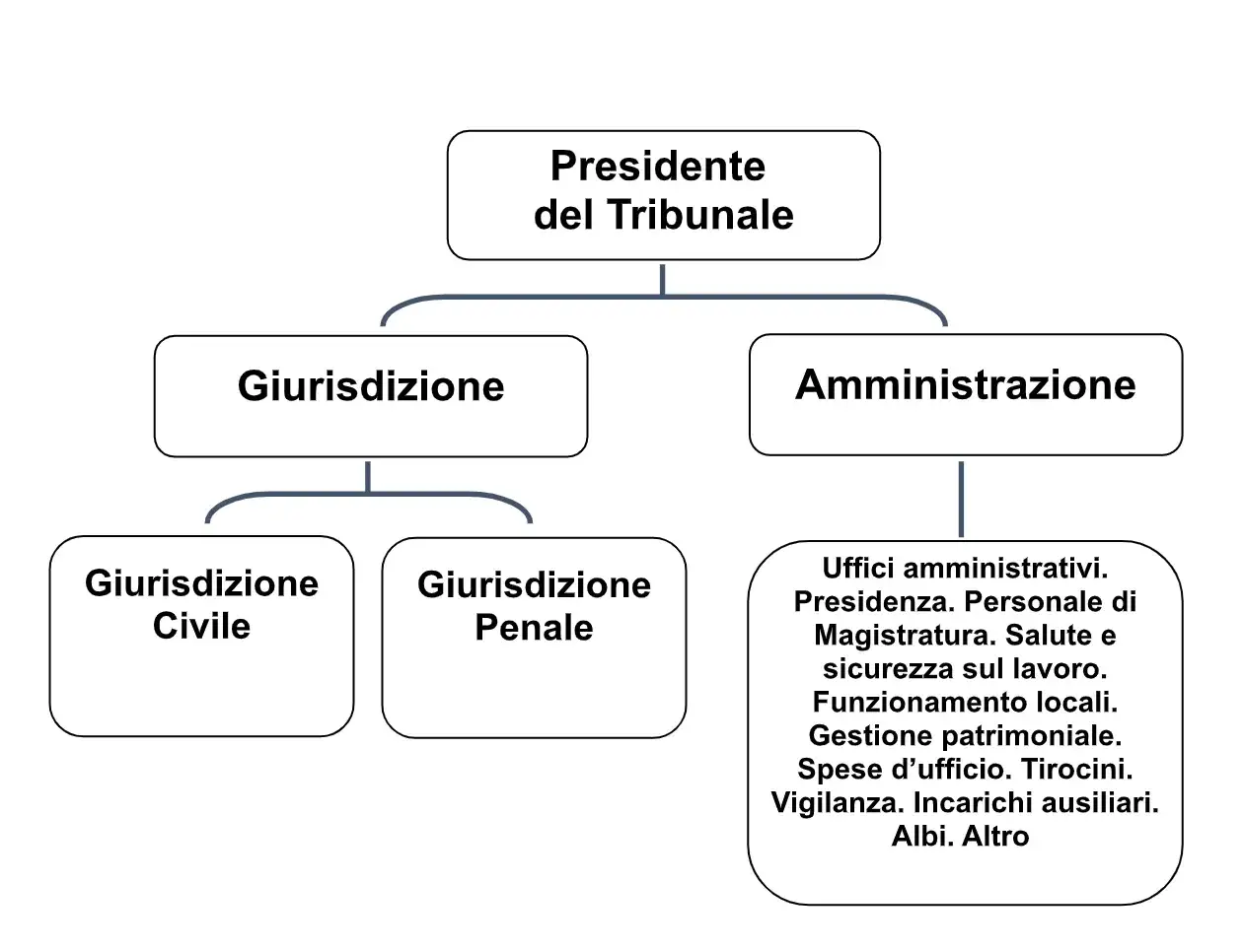 Organigramma del Tribunale: Presidente, Giurisdizione (Civile, Penale) e Amministrazione. I giudici ordinari operano nella giurisdizione.