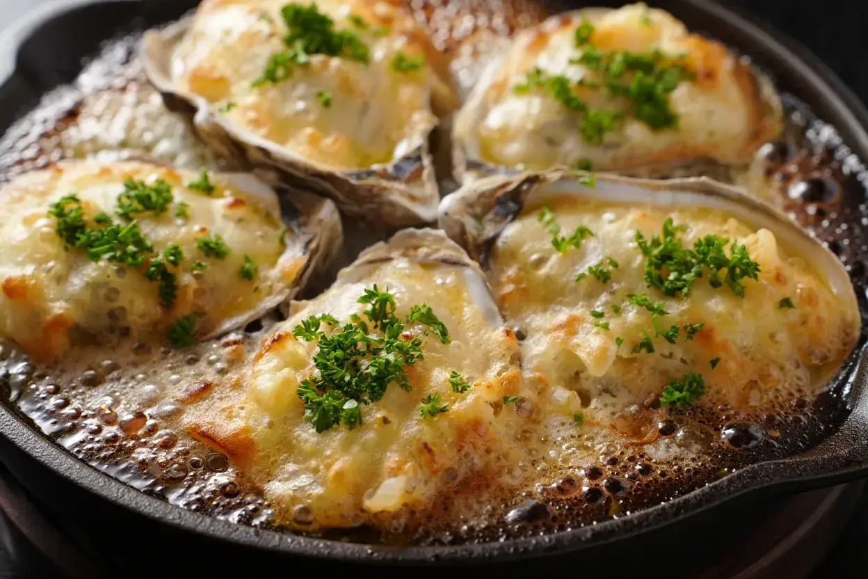 Ostras gratinadas burbujeando en una sart&eacute;n. Una deliciosa forma de como cocinar ostras, cubiertas con queso derretido y perejil fresco.