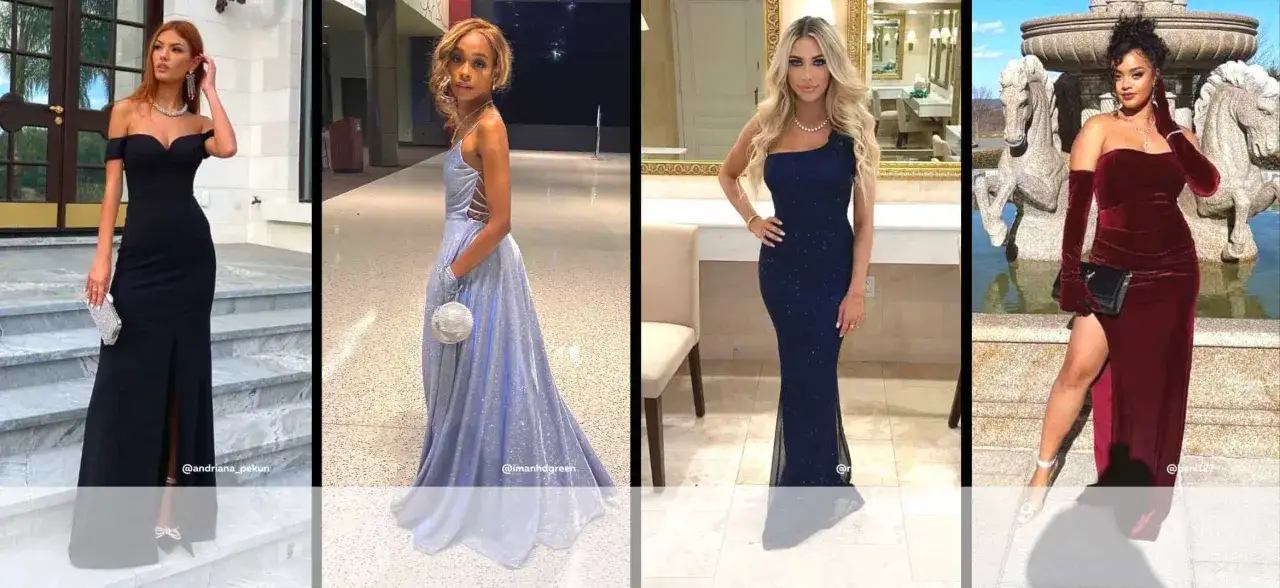 Kvinnor i eleganta klänningar som uppfyller black tie dress code. En i svart med hög slits, en i glittrig ljusblå, en i mörkblå och en i vinröd sammet.
