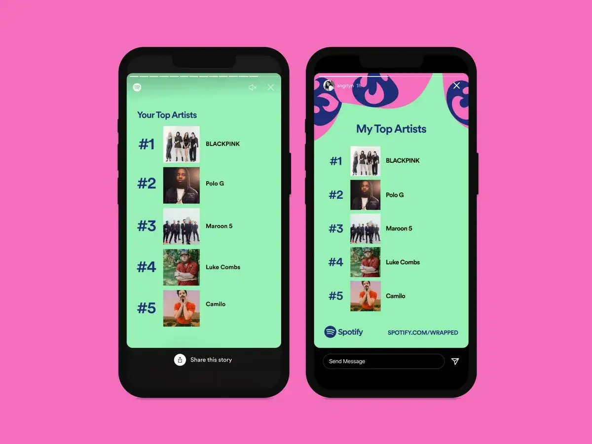 Zwei Handys zeigen die Top-K&uuml;nstler von Spotify Wrapped: BLACKPINK, Polo G, Maroon 5, Luke Combs und Camilo.