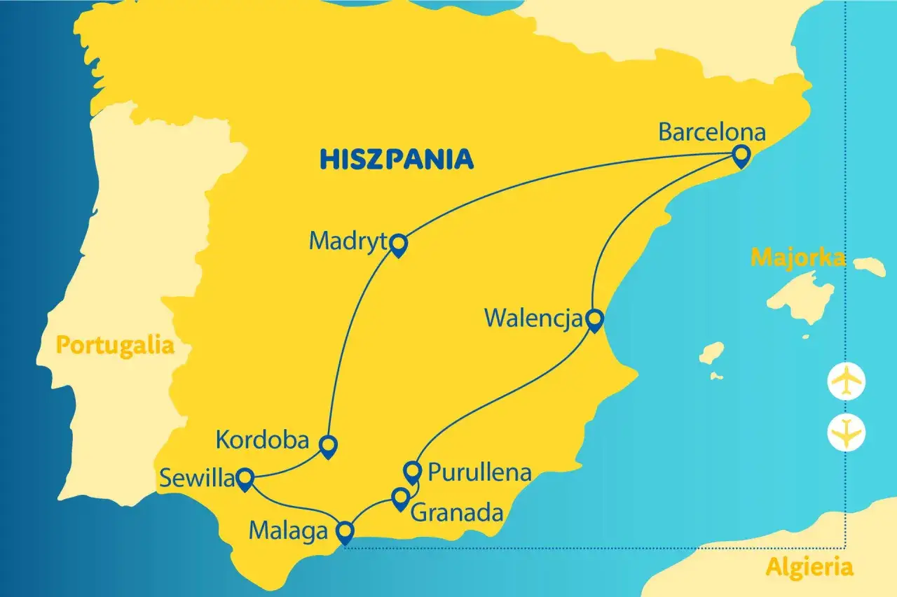 Mapa Hiszpanii z zaznaczonymi miastami: Madryt, Barcelona, Walencja, Sewilla, Kordoba, Malaga, Grenada. Pokazuje trasę podróży i podpowiada, ile się leci do Hiszpanii.