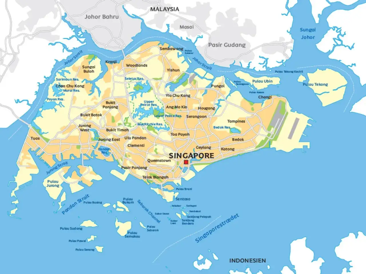 Mapa Singapuru z zaznaczonym miastem, okolicznymi wyspami, Malezją i Indonezją.