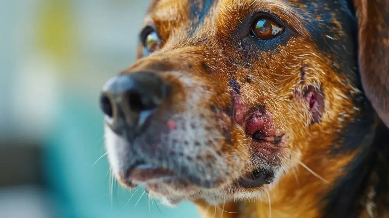 Primer plano de un perro con leishmaniasis, mostrando lesiones cutáneas en su rostro.