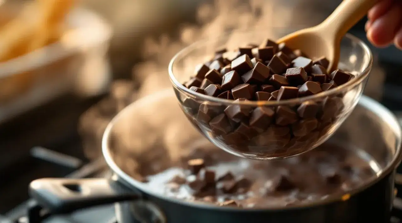 Chocolat en morceaux dans un bol au-dessus d'une casserole d'eau frémissante pour un bain-marie. Le chocolat est sur le point de fondre, prêt à être utilisé pour une recette.