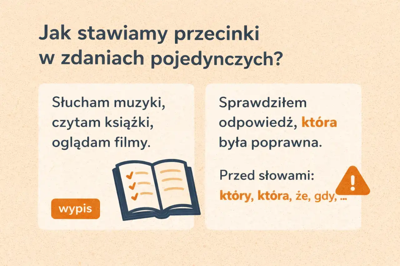 Jak nauczyć się stawiać przecinki? Przykład: "Sprawdziłem odpowiedź, która była poprawna." Przecinki stawiamy przed "który", "która", "że", "gdy".