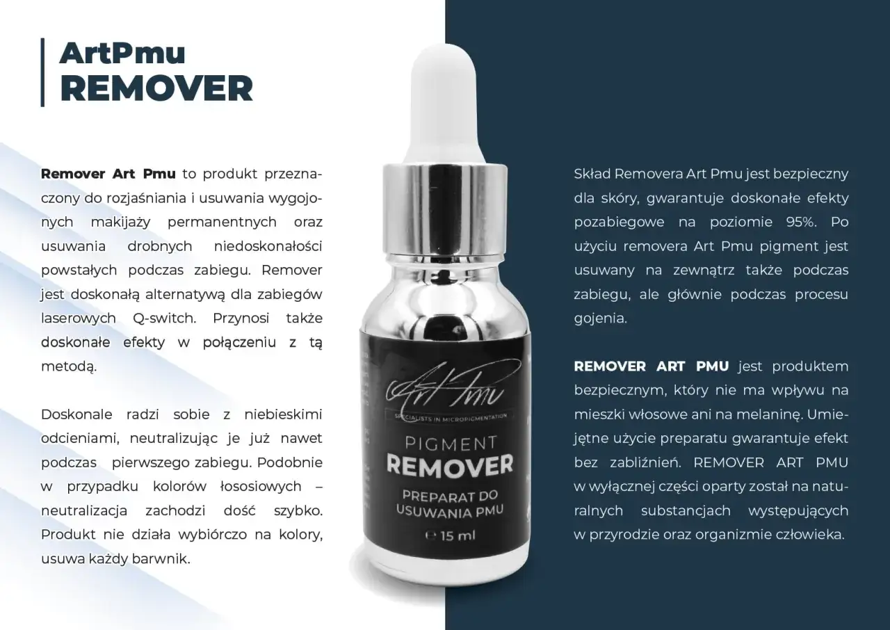 Butelka z preparatem Remover Art Pmu do usuwania makijażu permanentnego, z pipetą. Skuteczny i bezpieczny dla skóry.