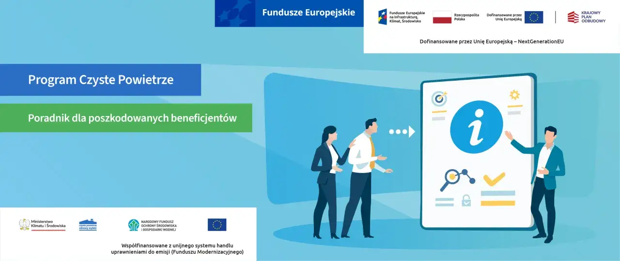 Ilustracja przedstawia ludzi i ikonę informacji na ekranie, symbolizującą poradnik.