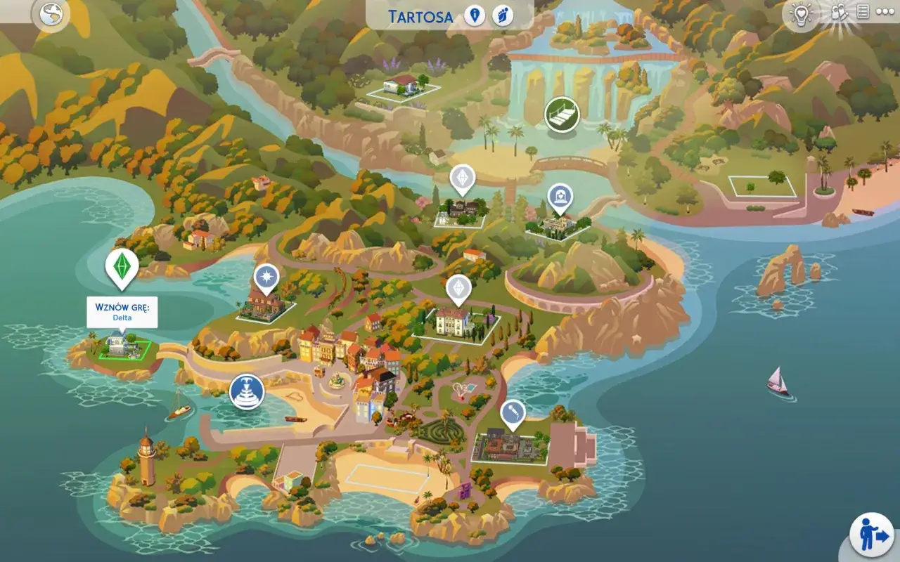 Mapa Tartosa w The Sims 4: malownicza wyspa z domami, plażami i wodospadami.