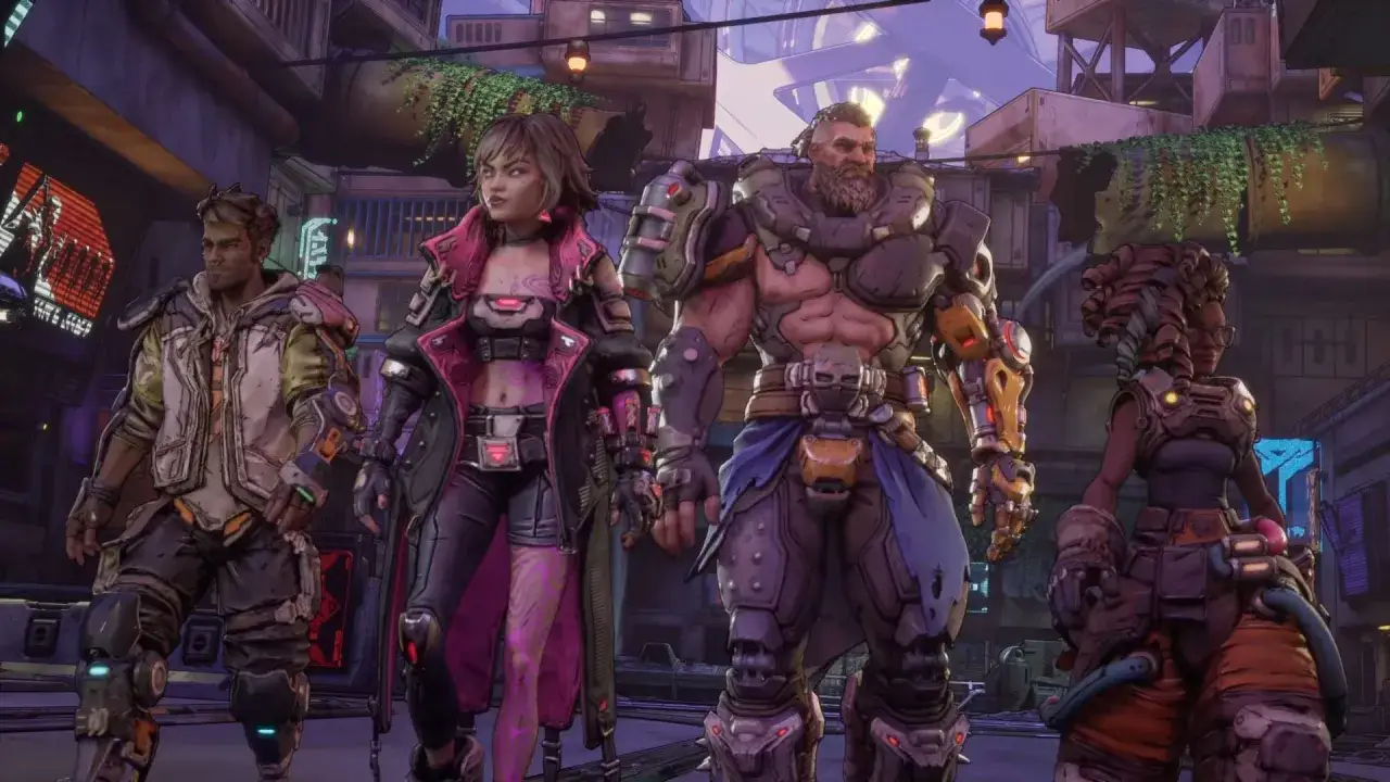 Czterech nowych **borderlands 4 characters** w futurystycznym mieście.