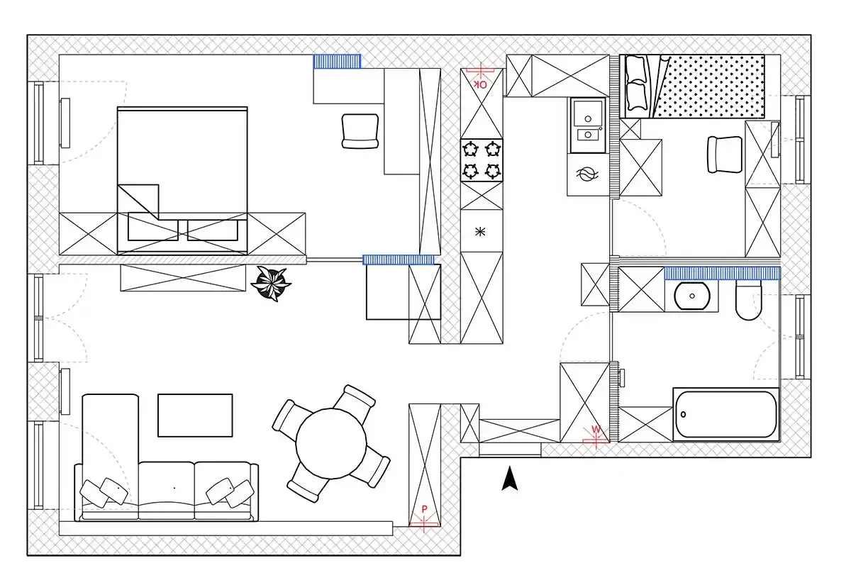 Plan architektoniczny mieszkania: salon z sofą i stołem, kuchnia, sypialnia z łóżkiem, łazienka z wanną i toaletą.