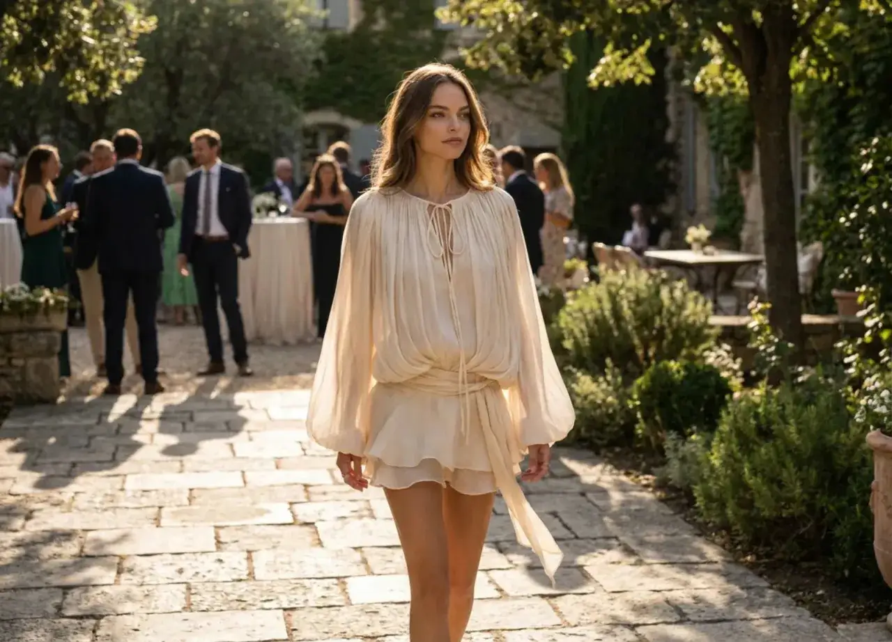 Mujer con vestido vaporoso camina en un jardín, inspirando estilos de boda bohemios y elegantes.