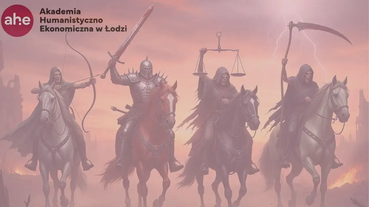 Czterej jeźdźcy Apokalipsy, symbolizujący wydarzenia z ostatniej księgi Nowego Testamentu, na tle burzowego nieba.
