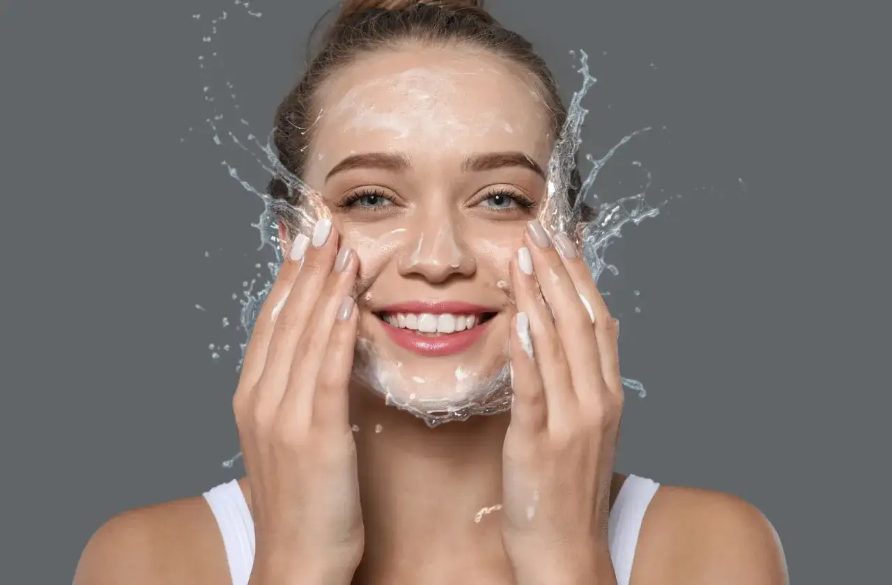Mujer sonriente con espuma y agua en la cara, disfrutando de su rutina de doble limpieza.